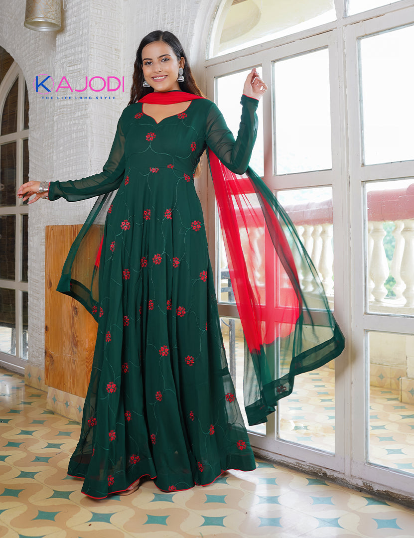 Bottle Green Colour Alfaaz 5 New Designer Fancy Festive Wear Long Gown With  Dupatta Collection 5002 - The Ethnic World